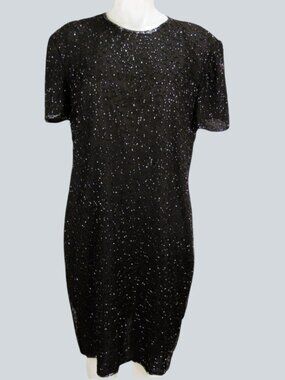Black Silk Beaded Sequin Cocktail Dress XL Short Sleeve Evening Part